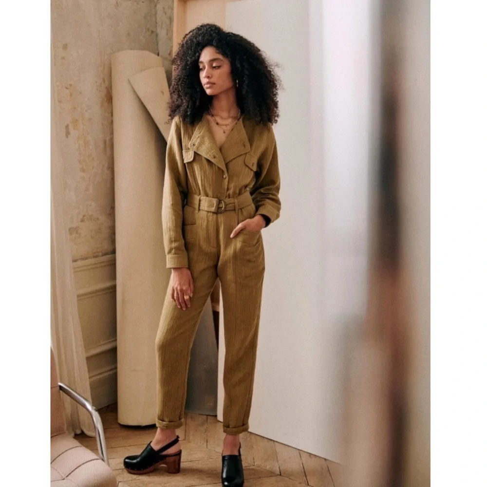 SEZANE NWT Light Olive Green Neutral Linen Cotton Hailey Belted Utility Jumpsuit